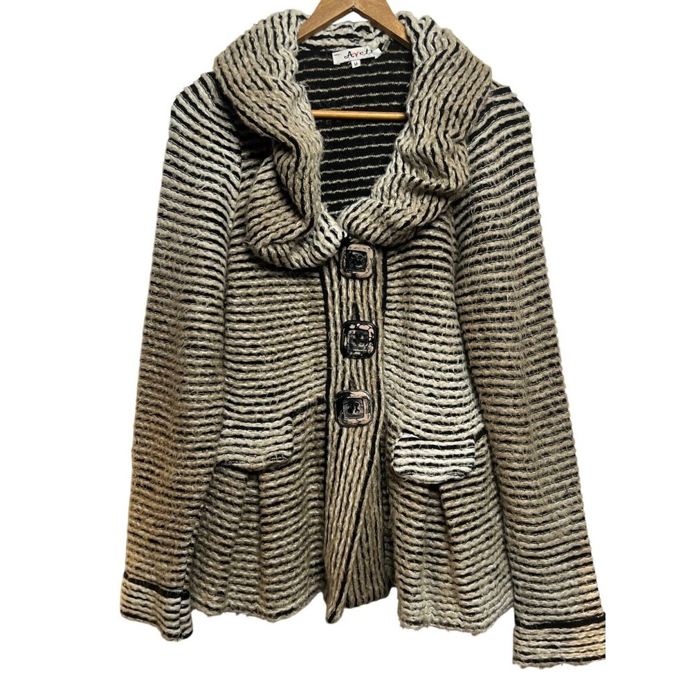Avette SOFT M Knit Cardigan Mohair Blend 3D Ribbed Striped / Shawl Collar Button
